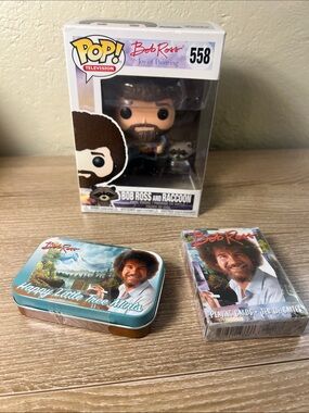 Bob Ross POP! Figurine with Raccoon, Happy Little Tree Mints Tin, Playing Cards